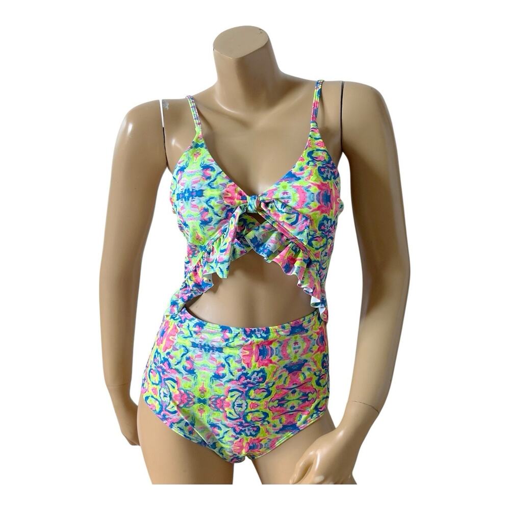 Romwe Swimsuit Womens M One Piece Cutout Ruffle Tie Front High Waisted Colorful